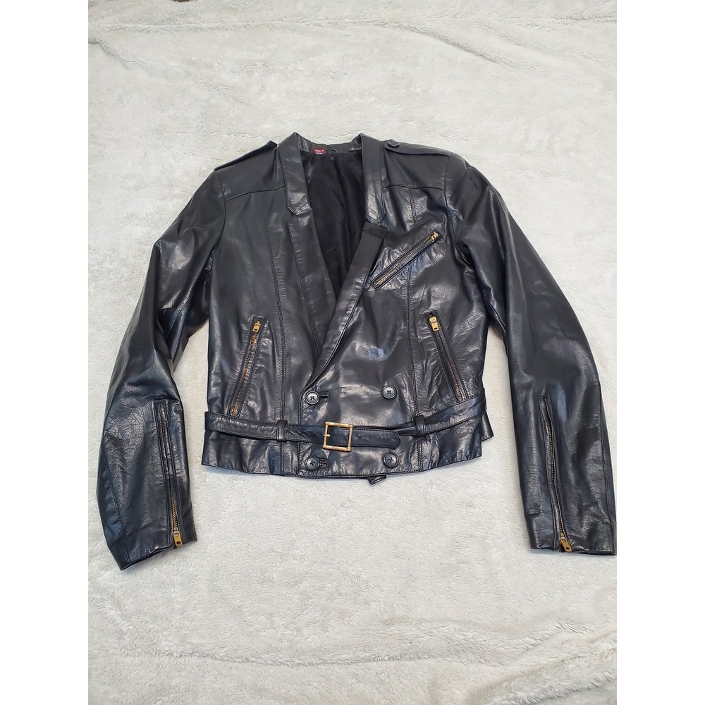 Black Leather Whimsigoth Belted Biker Moto Gold Zipper Jacket Size 38 Medium 6